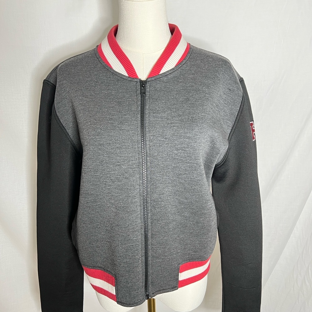 Stylish Gray and Black Varsity Jacket with Red Highlights